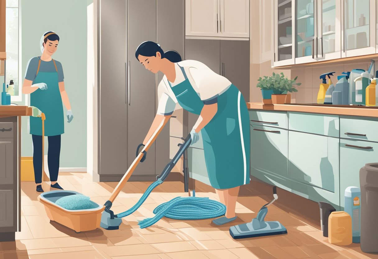 A person scrubbing a bathtub, another wiping down kitchen counters, and a third vacuuming carpets. Cleaning supplies and tools are organized nearby