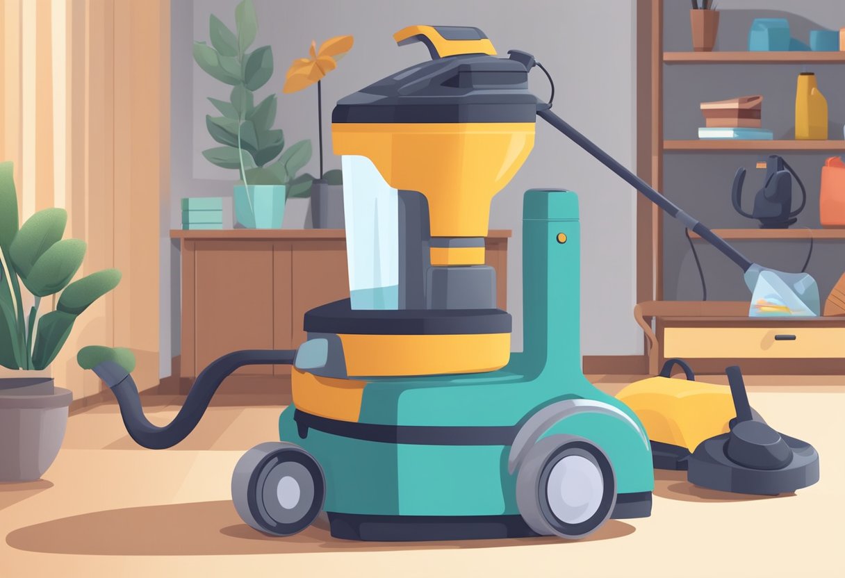 A vacuum cleaner sits in the center of a tidy room. A duster and cleaning supplies are neatly arranged on a nearby table