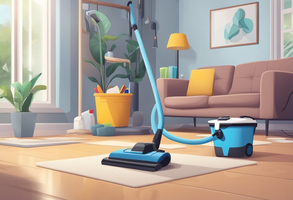 A vacuum cleaner and mop sit ready near a cluttered living room. A bucket of cleaning supplies and a pair of rubber gloves are nearby